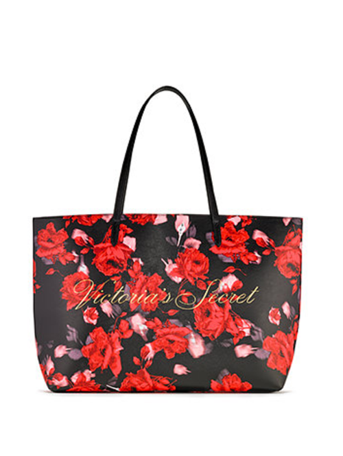 Victoria's Secret Black Red Floral Tote Bag